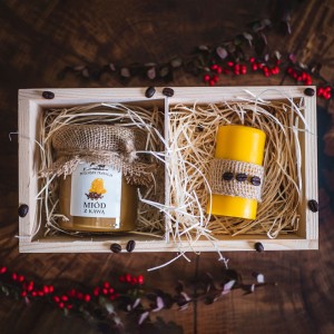 Zestaw miód z kawą ze świecą w skrzynce